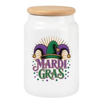 Mardi Gras T-Shirt – Carnival Jester Hat - Cookie Jar with Wooden Lid - white - Front