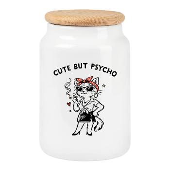 Cute but Psycho – Selbstironischer Katzen Spruch - Keksdose mit Holzdeckel - Weiß - Vorne