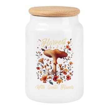 Récolte avec une main douce | Forêt de Champignons - Boîte à biscuits avec couvercle en bois - blanc - Devant