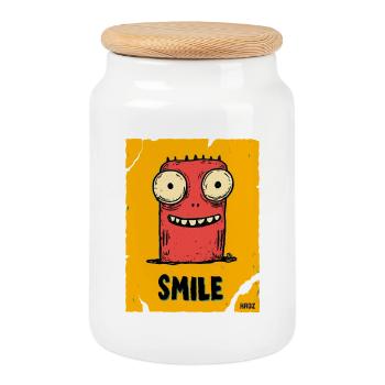 Monstre drôle avec le sourire - Boîte à biscuits avec couvercle en bois - blanc - Devant