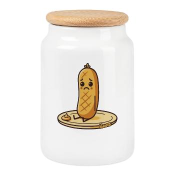 Sad sausage, sausage on the plate - Cookie Jar with Wooden Lid - white - Front