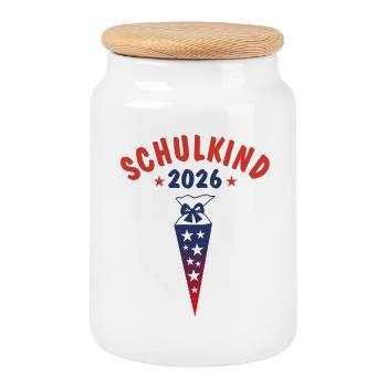 Schulkind 2026 - Schultüte - rot blau Farbverlauf - Keksdose mit Holzdeckel - Weiß - Vorne