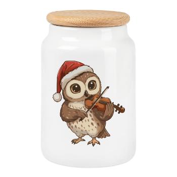 Christmas Owl Bird Playing Violin Art - Cookie Jar with Wooden Lid - white - Front