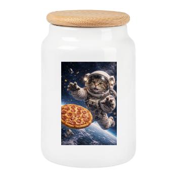 Astronautenkatze rettet Pizza im All - Keksdose mit Holzdeckel - Weiß - Vorne