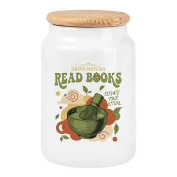Drink Matcha Read Books Elevate Your Ritual Matcha - Keksdose mit Holzdeckel - Weiß - Vorne