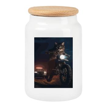 Nachtkatze auf Motorrad - Keksdose mit Holzdeckel - Weiß - Vorne