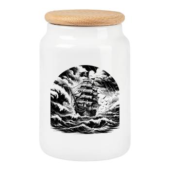 Storm Sea Pirate Ship Engraving - Cookie Jar with Wooden Lid - white - Front