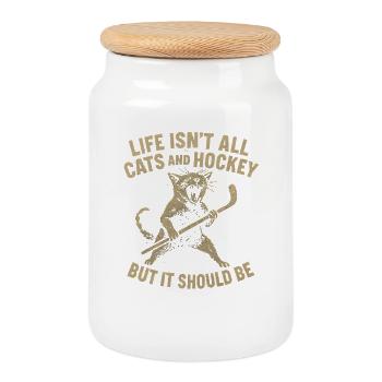 Idée cadeau pour fan de hockey sur glace Hockey Cat Humor - Boîte à biscuits avec couvercle en bois - blanc - Devant