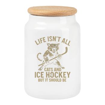 Idée cadeau pour fan de hockey sur glace Hockey Cat Humor - Boîte à biscuits avec couvercle en bois - blanc - Devant