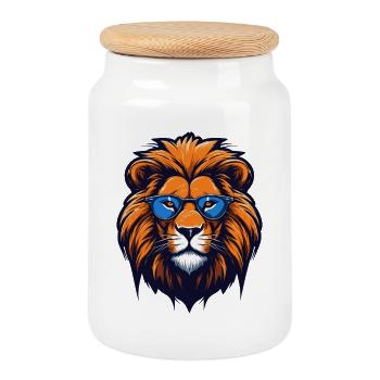 Lion aux lunettes bleues - Pop Art - Boîte à biscuits avec couvercle en bois - blanc - Devant