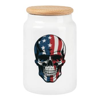 USA Totenkopf - Patriot Skull Design - Keksdose mit Holzdeckel - Weiß - Vorne