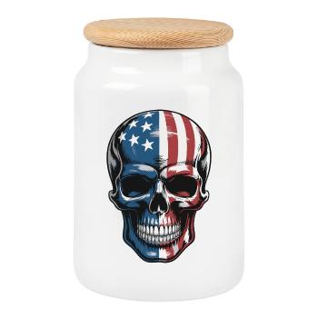 USA Totenkopf - Patriot Skull Design - Keksdose mit Holzdeckel - Weiß - Vorne