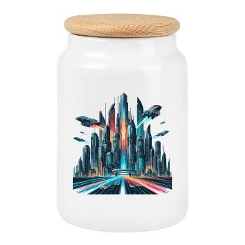 Neon city of the future - Cookie Jar with Wooden Lid - white - Front