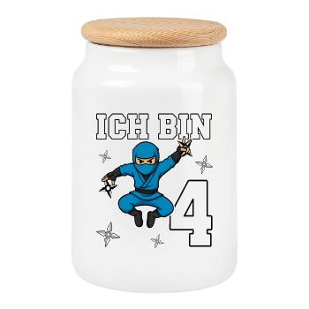 Je suis 4 Ninjas 4e anniversaire Blue Karaté - Boîte à biscuits avec couvercle en bois - blanc - Devant