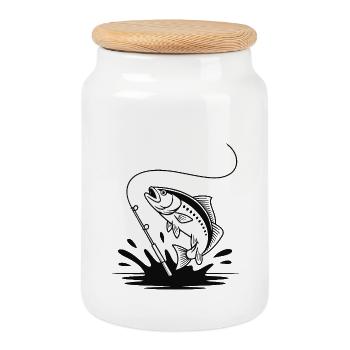 Hooked On Fishing - Angler Spruch - Keksdose mit Holzdeckel - Weiß - Vorne