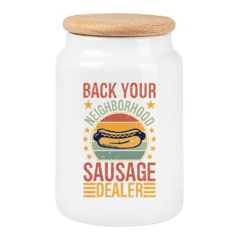 back your neighborhood sausage dealer - Cookie Jar with Wooden Lid - white - Front