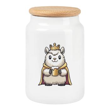 Alpaca Llama Beer King - Cookie Jar with Wooden Lid - white - Front