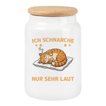 Sleeping Cat Tired Pet Cuddling - Cookie Jar with Wooden Lid - white - Front