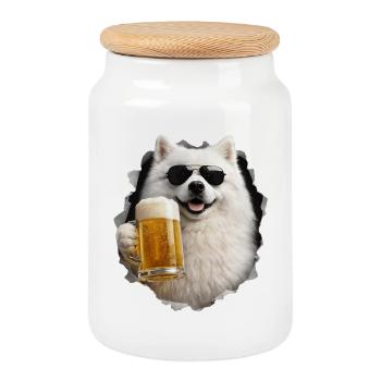 Japanischer Spitz Bier - Keksdose mit Holzdeckel - Weiß - Vorne