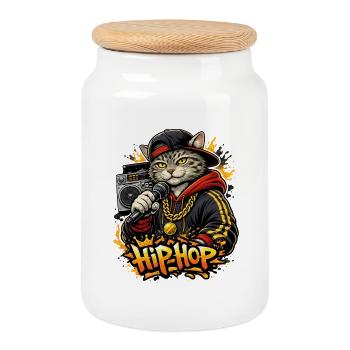 HipHop Katze mit Mikro - Keksdose mit Holzdeckel - Weiß - Vorne