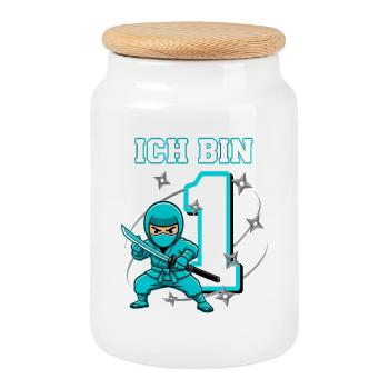 I'm 1 Ninja 1st Birthday Turquoise - Cookie Jar with Wooden Lid - white - Front