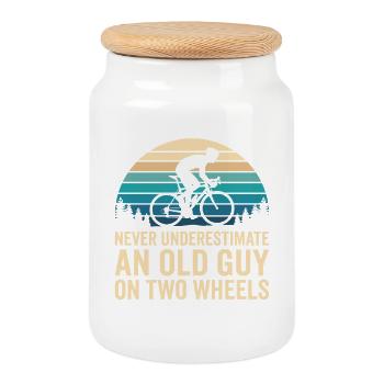 Motif de silhouette de cycliste à rayures de coucher de soleil - Boîte à biscuits avec couvercle en bois - blanc - Devant