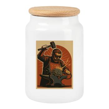 Blacksmith forges brain on anvil - Cookie Jar with Wooden Lid - white - Front
