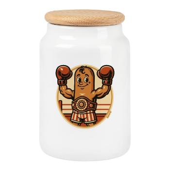 Boxing Boxer Sausage Figure with Boxing Gloves - Cookie Jar with Wooden Lid - white - Front