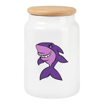 Purple Shark Cartoon Grin - Cookie Jar with Wooden Lid - white - Front
