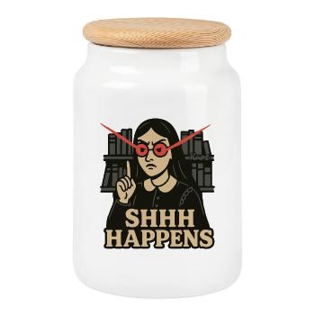 Library Woman with Red Eyes and SHHH Happens - Cookie Jar with Wooden Lid - white - Front