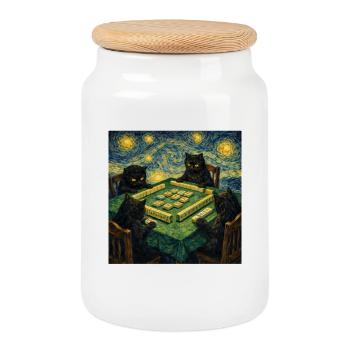 Des chats jouant au Mahjong Van Gogh - Boîte à biscuits avec couvercle en bois - blanc - Devant