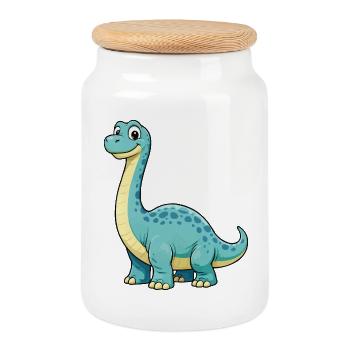 Fröhlicher Cartoon-Dino für Kinder - Keksdose mit Holzdeckel - Weiß - Vorne