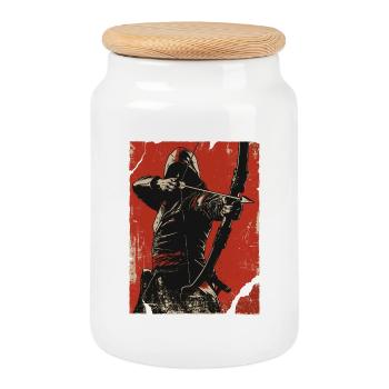 Hooded archer on red background - Cookie Jar with Wooden Lid - white - Front