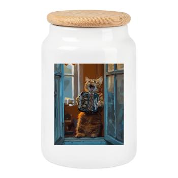 Chat de fenêtre avec accordéon - Boîte à biscuits avec couvercle en bois - blanc - Devant
