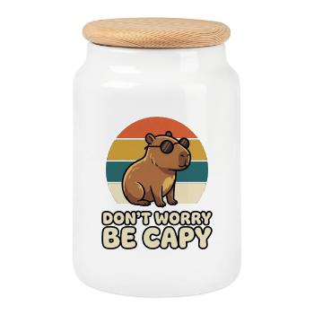 Don't Worry Be Capy Funny Capybara Retro - Cookie Jar with Wooden Lid - white - Front