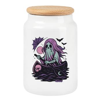 Ghost in the boat with moon and bat - Cookie Jar with Wooden Lid - white - Front