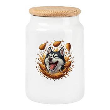 Laughing husky with fried chicken - Cookie Jar with Wooden Lid - white - Front