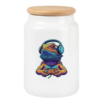 Bearded Dragon Gamer Pogona Controller - Cookie Jar with Wooden Lid - white - Front