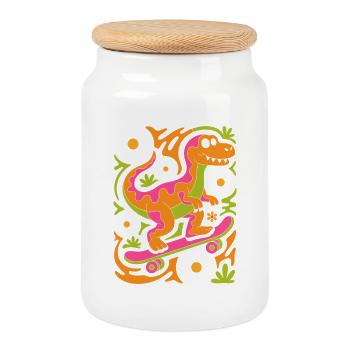 Dino Skateboard Blumenpracht - Keksdose mit Holzdeckel - Weiß - Vorne