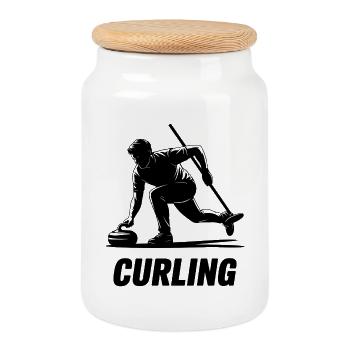 Curling Man Athlete Action Silhouette - Cookie Jar with Wooden Lid - white - Front
