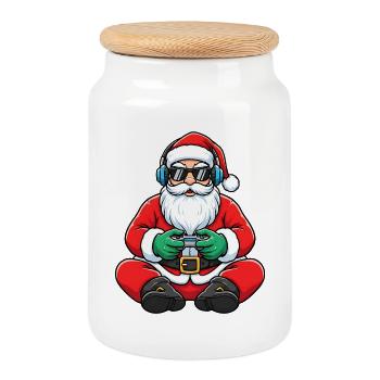 Père Noël joueur jouant à la manette de jeu vidéo - Boîte à biscuits avec couvercle en bois - blanc - Devant