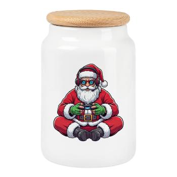 Père Noël joueur jouant à la manette de jeu vidéo - Boîte à biscuits avec couvercle en bois - blanc - Devant