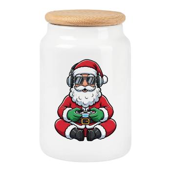 Père Noël joueur jouant à la manette de jeu vidéo - Boîte à biscuits avec couvercle en bois - blanc - Devant