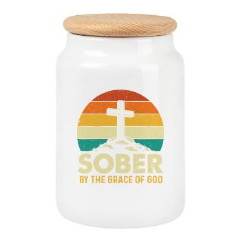 Sober By The Grace Of God Recovery AA NA - Cookie Jar with Wooden Lid - white - Front