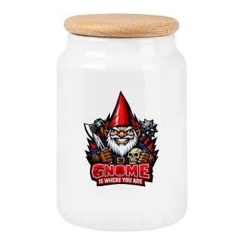 Evil Gnome, Dark Gnome, Goth Gnome, Funny Gnome - Cookie Jar with Wooden Lid - white - Front