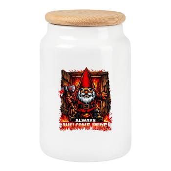 Evil Gnome, Dark Gnome, Goth Gnome, Funny Gnome - Cookie Jar with Wooden Lid - white - Front