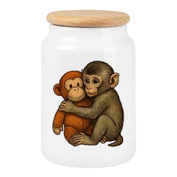 Amitié de câlin de singe - Boîte à biscuits avec couvercle en bois - blanc - Devant