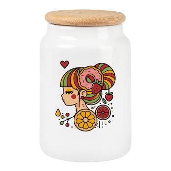 Profil de femme colorée avec donut et fruits - Boîte à biscuits avec couvercle en bois - blanc - Devant