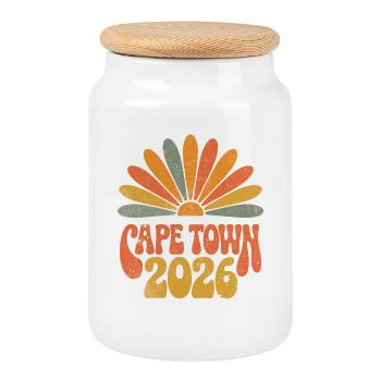 Le Cap 2026 Lever de soleil rétro - Boîte à biscuits avec couvercle en bois - blanc - Devant