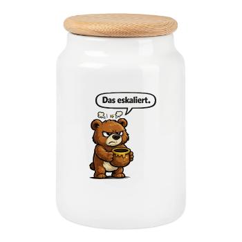The Escalated Bear Honey Humor Gift - Cookie Jar with Wooden Lid - white - Front